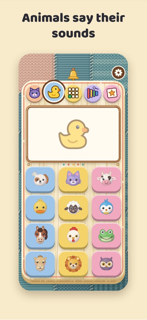 Animals say their sounds: a duck on screen above twelve animal keys