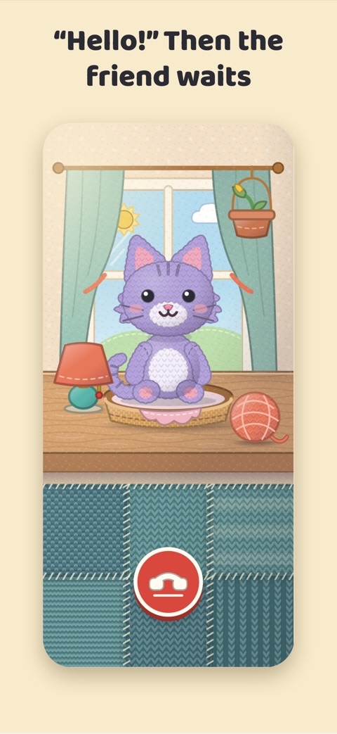 Hello! Then the friend waits: Mimi the cat in her room, with the red hang-up key