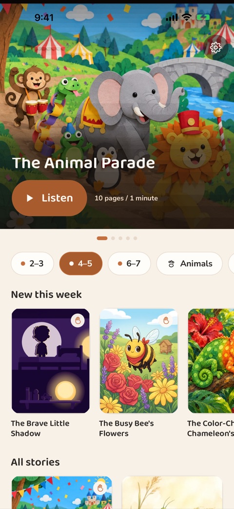 The library: The Animal Parade with a Listen button, age filters, and new stories this week