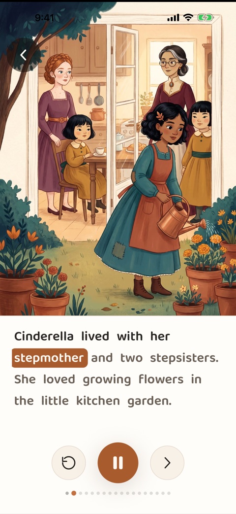 A story page from Cinderella, with the word stepmother lit as it is read