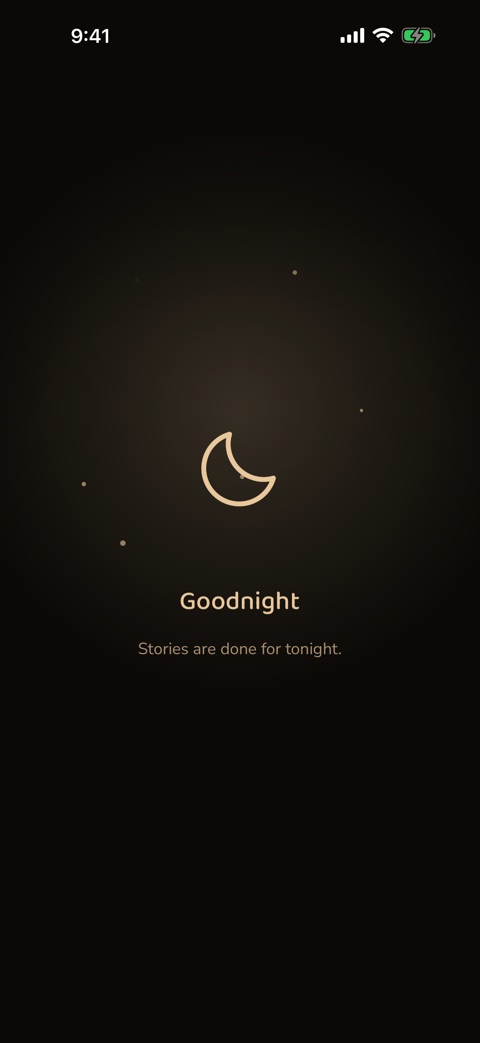 A dark screen with a moon and the words Goodnight. Stories are done for tonight