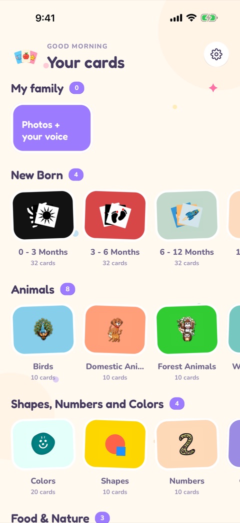 The home screen: My family at the top, then New Born cards by age band and Animals by habitat